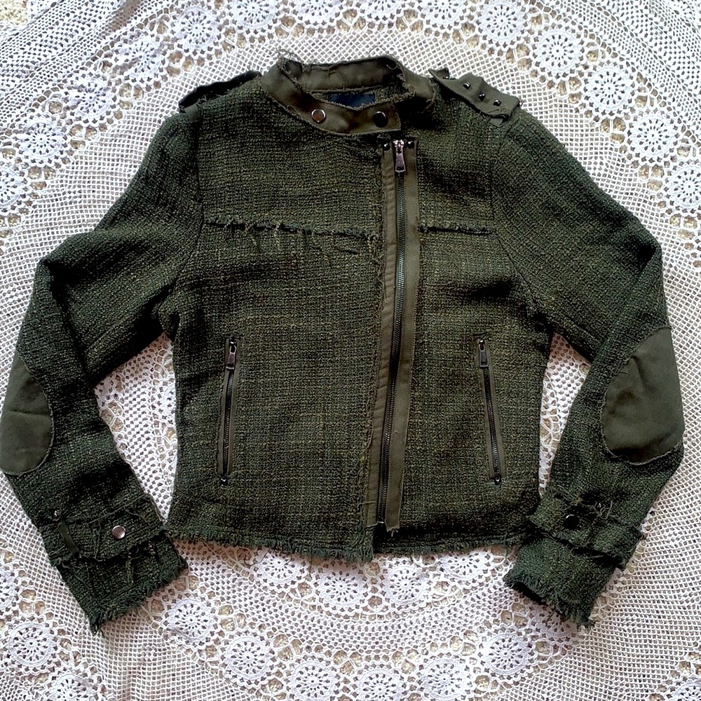 Maison Cinqcent 500 Tweed Army Green Stud Zip Blazer Jacket Size Small